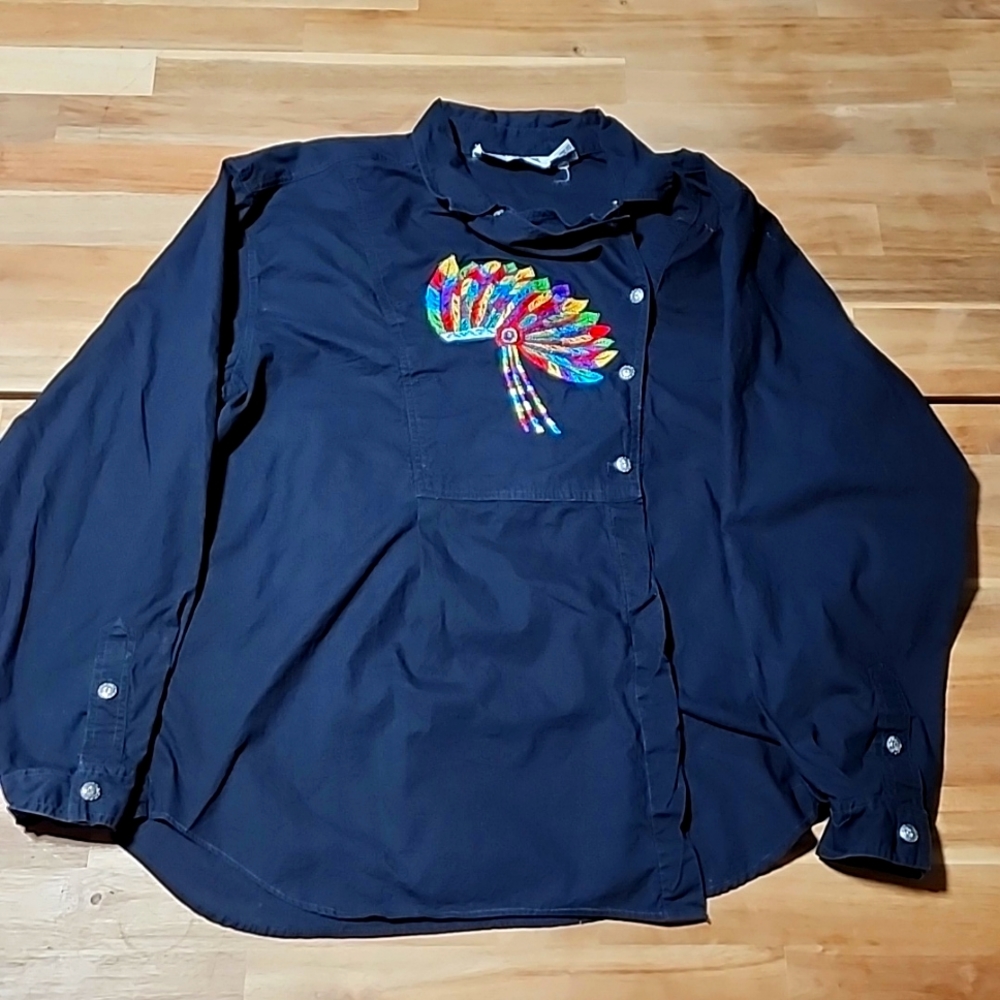 Dakota Rodeo Black Shirt Woman Medium Metal Button Multicolor Tribal  Embroidery